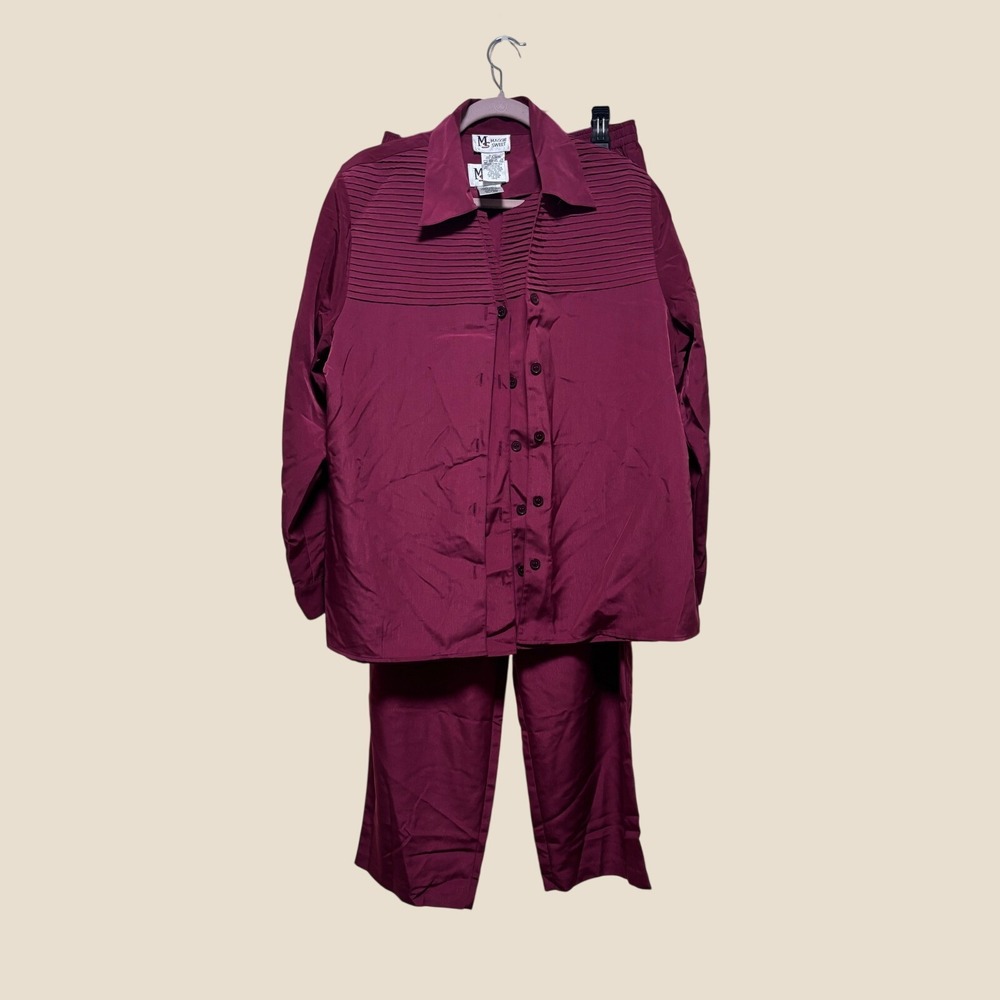 Maggie Sweet 3 Piece Pant Set Burgundy Pintuck Shirt Shell Trousers Tall Large